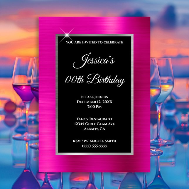 Convite Prata rosa quente e aniversário preto (Hot pink silver and black any year birthday invitation.)