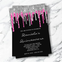Prata Rosa Quente Glitter Gotejamento Preto Quince