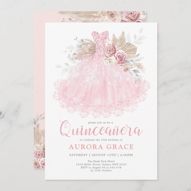Convite Prata Rosa Quinceañera Vestido Mis Quince 15 Años (Frente/Verso)