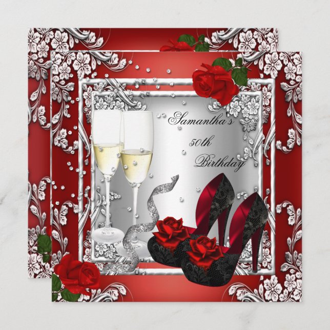 Convite Prata Rosa vermelha 50ª Festa de aniversário (Frente/Verso)