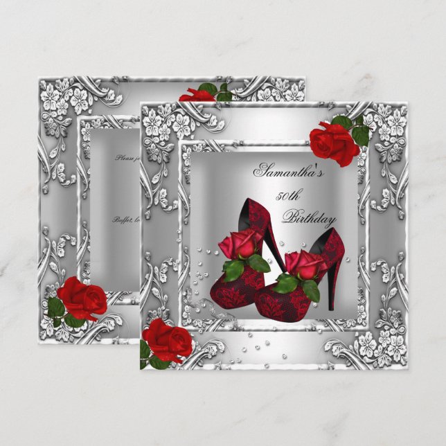Convite Prata Rosa vermelha 50ª Festa de aniversário (Frente/Verso)