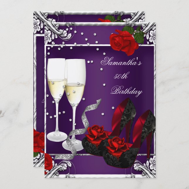 Convite Prata Rosa vermelha roxa da 50ª Festa de aniversár (Frente/Verso)