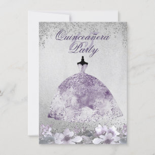 Convite Prata Roxa Esparto Floral Quinceanera