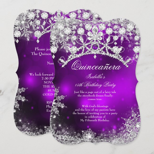 Convite Prata roxa Quinceanera 15 Winter Wonderland (Frente/Verso)