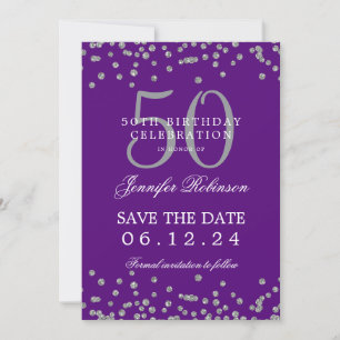 Convite Prata Roxo 50 Aniversário Data de Salvamento Confe