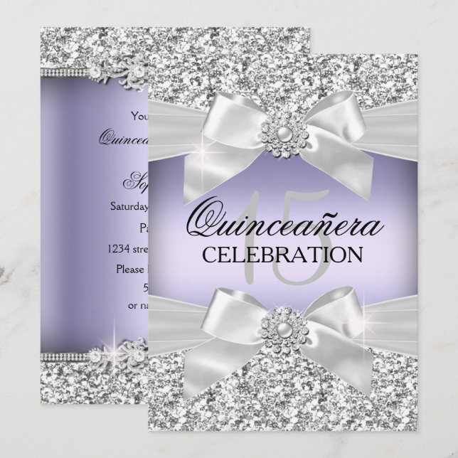 Convite Prata Roxo Brilho Jóia Arco Quinceanera (Frente/Verso)