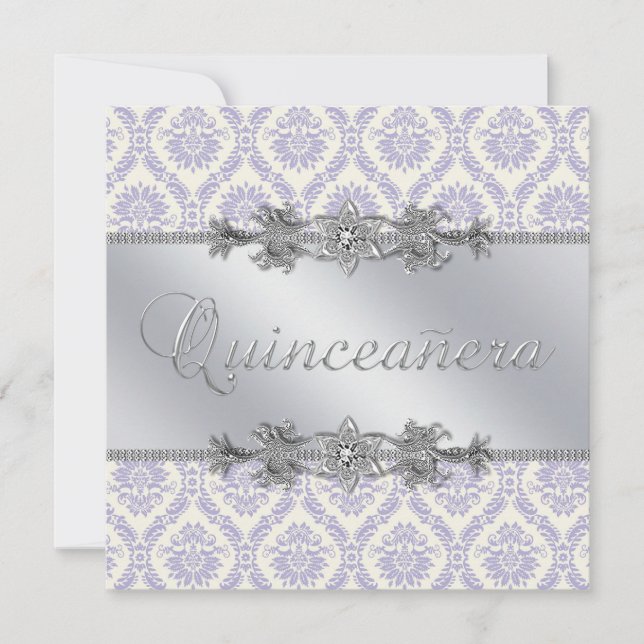 Convite Prata Roxo Damask Quinceanera (Frente)