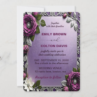 Convite Prata Roxo Profunda Floral e Casamento Verde