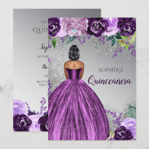 Convite Prata Roxo Vestido Quinceañera Quince