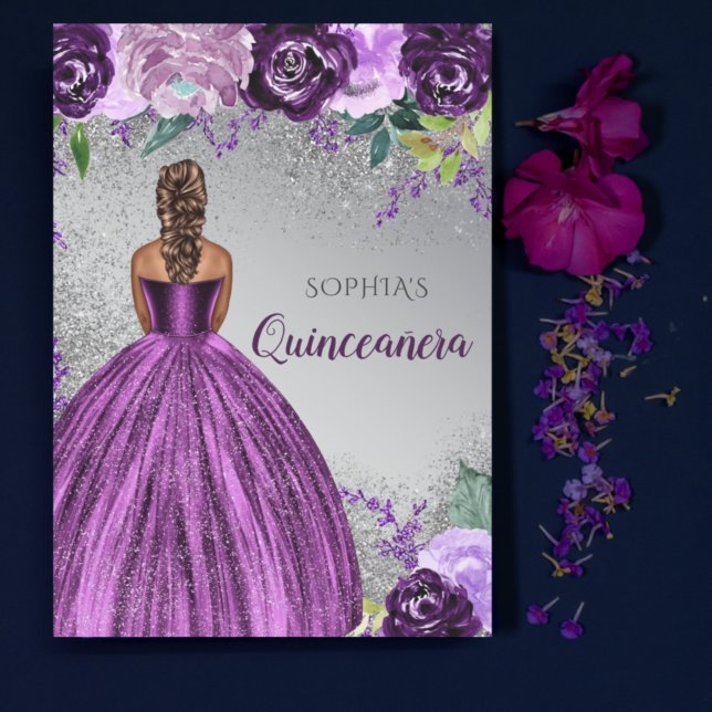 Convite Prata Roxo Vestido Quinceañera Quince (Criador carregado)
