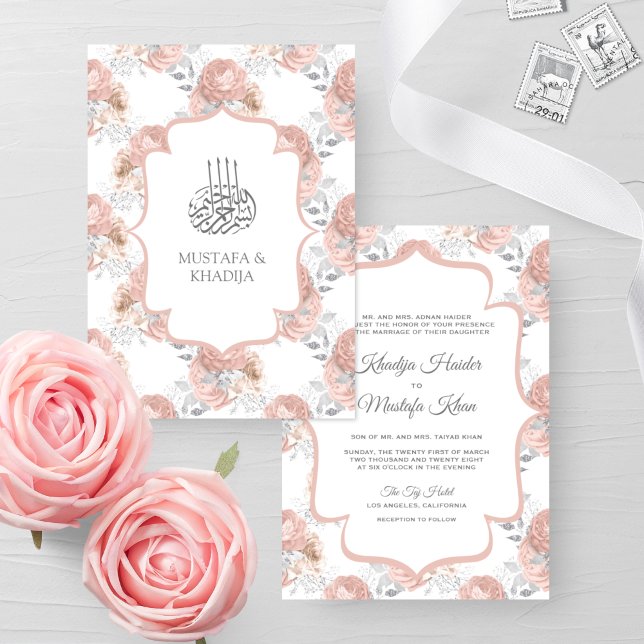 Convite Prata Rústica e Rosas Cor de Rosa Muslim Wedding (Criador carregado)