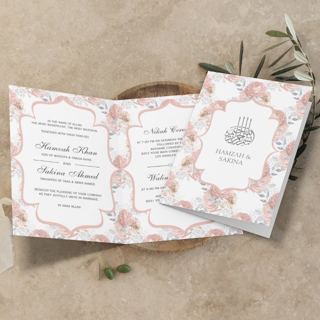 Convite Prata Rústica e Rosas Cor de Rosa Muslim Wedding (Criador carregado)