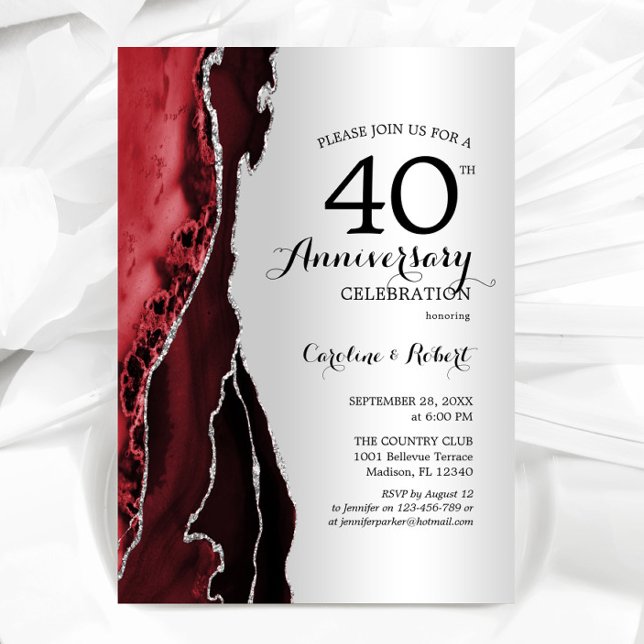 Convite Prata Vermelho Elegante 40º Aniversário (Criador carregado)