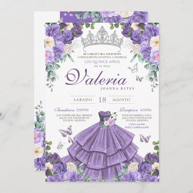 Convite Prateada Prateada Leve Princesa Quinceanera (Frente/Verso)