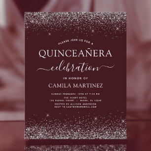Convite Prateado de Quinceanera Burgundy