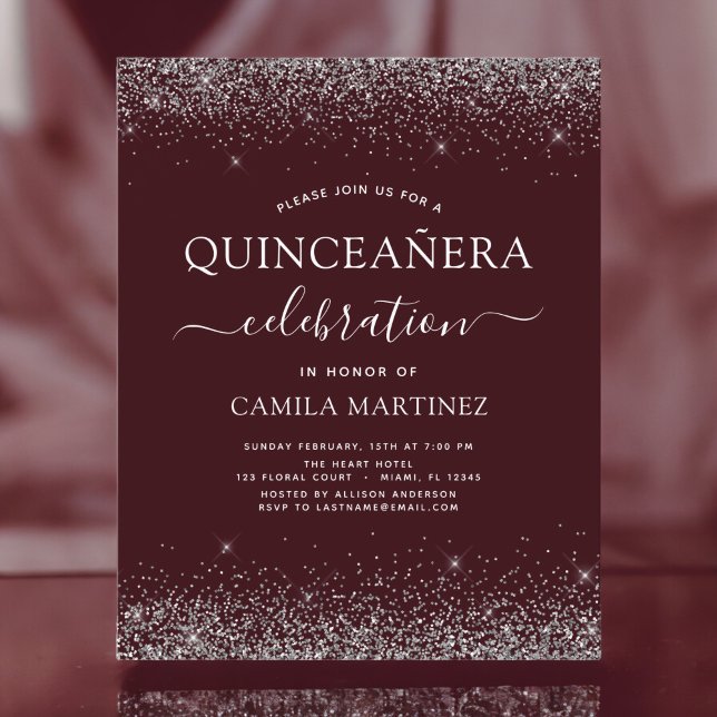Convite Prateado de Quinceanera Burgundy (Criador carregado)