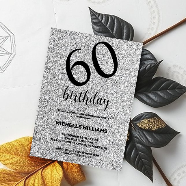 Convite Prateado Glitter Preto Caligrafia Aniversário (Criador carregado)
