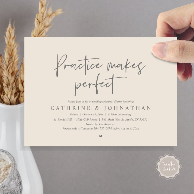 Convite Prática faz Janto perfeito, ensaio de casamento (Practice Makes Perfect, Wedding Rehearsal Dinner Invitation Card, PDF, Modern Casual, Grey Cream)