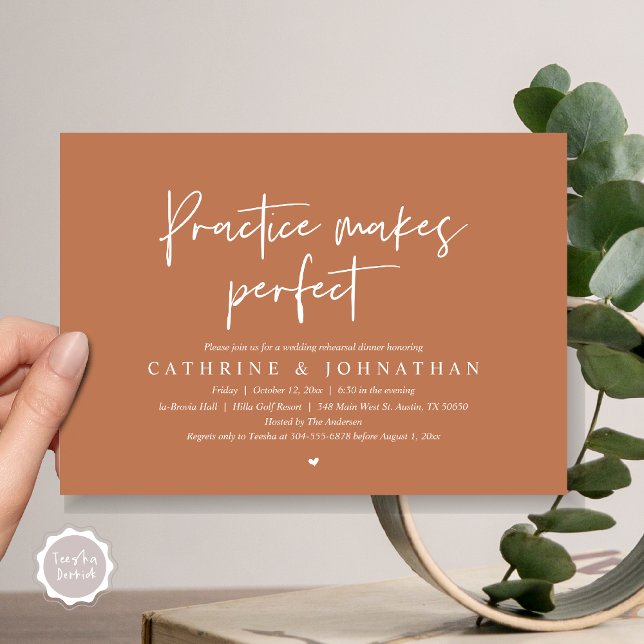 Convite Prática faz Janto perfeito, ensaio de casamento (Practice Makes Perfect, Wedding Rehearsal Dinner Invitation Card, PDF, Modern Casual, Copper Rust)