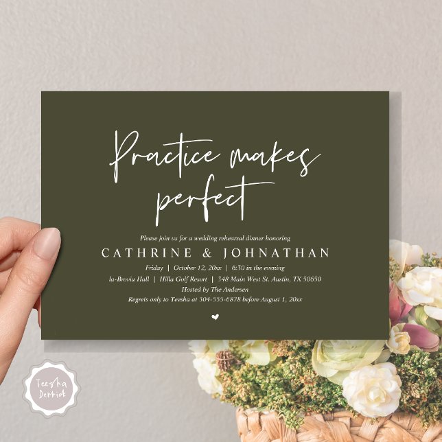 Convite Prática faz Janto perfeito, ensaio de casamento (Practice Makes Perfect, Wedding Rehearsal Dinner Invitation Card, PDF, Modern Casual, Olive Green)