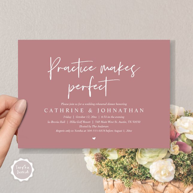 Convite Prática faz Janto perfeito, ensaio de casamento (Practice Makes Perfect, Wedding Rehearsal Dinner Invitation Card, PDF, Modern Casual Dusty Rose Pink)