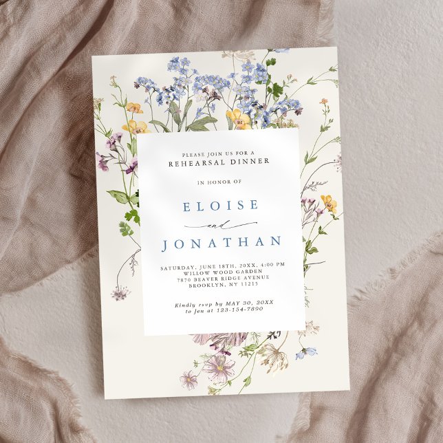 Convite Prato de Jantar de Ensaios de Lindas Flores Silves (Pretty Spring Wildflower Meadow Rehearsal Dinner Invitation)