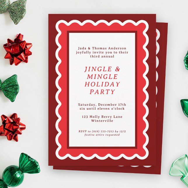 Convite Pré-disquete Vermelho e Branco Simples Natal (A scalloped holiday party invitation feels festive, bold and bright in shades of Christmas red)