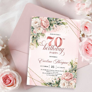 Convite Preciosa Luz Rosa Floral Boêmio Aniversário de 70 