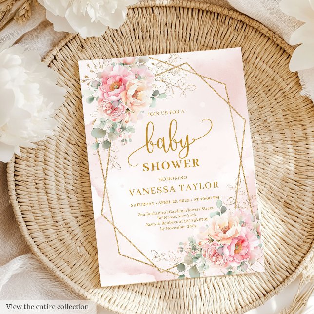 Convite Precioso cor-de-rosa e chá de fraldas dourado (Precious pastel pink and gold baby shower girl Invitation)