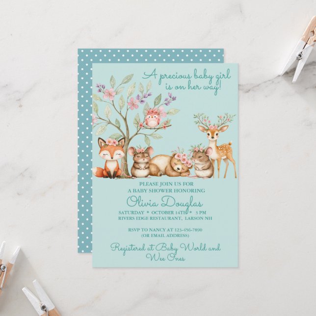 Convite Precious Woodland Animals Baby Shower (Frente/Verso In Situ)