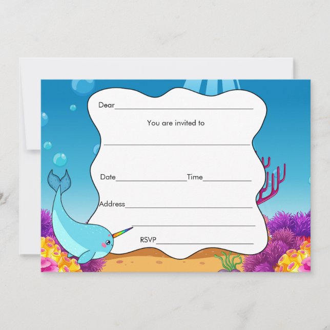 Convite Preencher vazios convidando narwahal sob o mar (Frente)