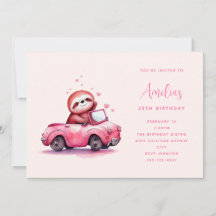 Preguiça Fofa em um Conversível Rosa de Aniversári