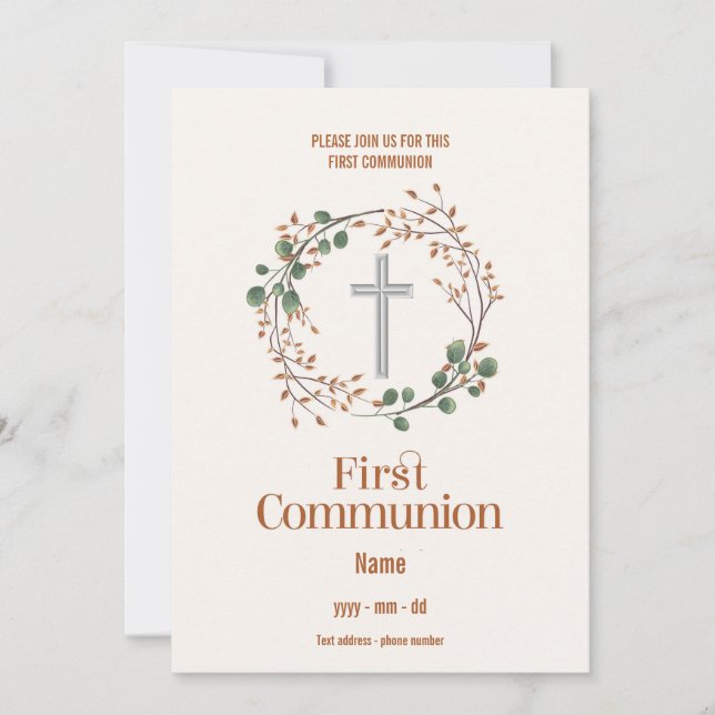 Convite Première Communion - Croix fleurie (Frente)