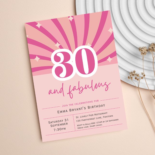 Convite Premium, 30 e Fabuloso Retro-Rosa (30th Birthday Invitation, 30 and fabulous. Retro thirty party fun bright colorful)