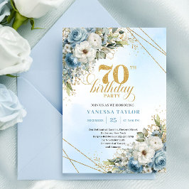 Convite Premium dusty blue florals gold frame 70 birthday