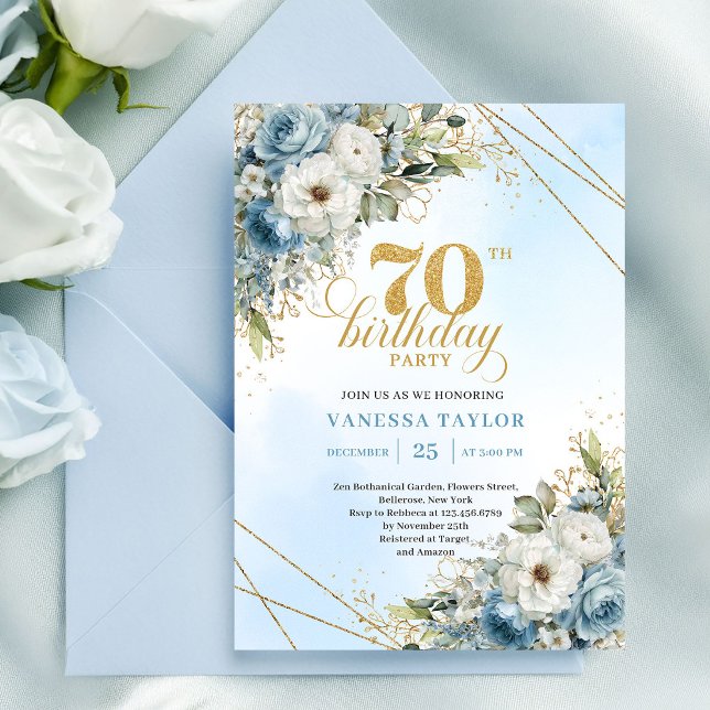 Convite Premium dusty blue florals gold frame 70 birthday (Premium dusty blue florals gold frame 70th birthday)