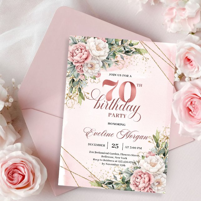 Convite Premium Rose Gold Boho Floral 70th Birthday Invite (Premium Rose Gold Boho Floral 70th Birthday Invitation)