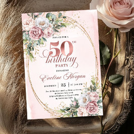 Convite Premium Rose Gold Floral 50th Birthday Invitation