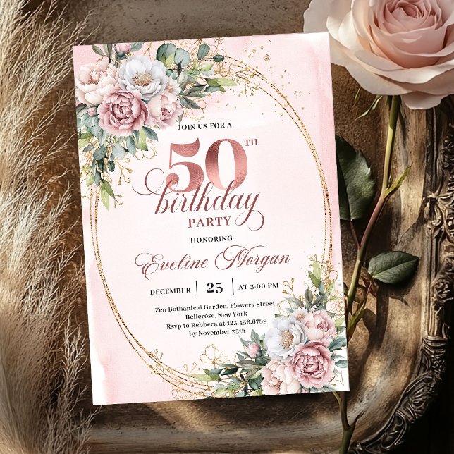 Convite Premium Rose Gold Floral 50th Birthday Invitation (Premium Rose Gold Floral 50th Birthday Invitation)
