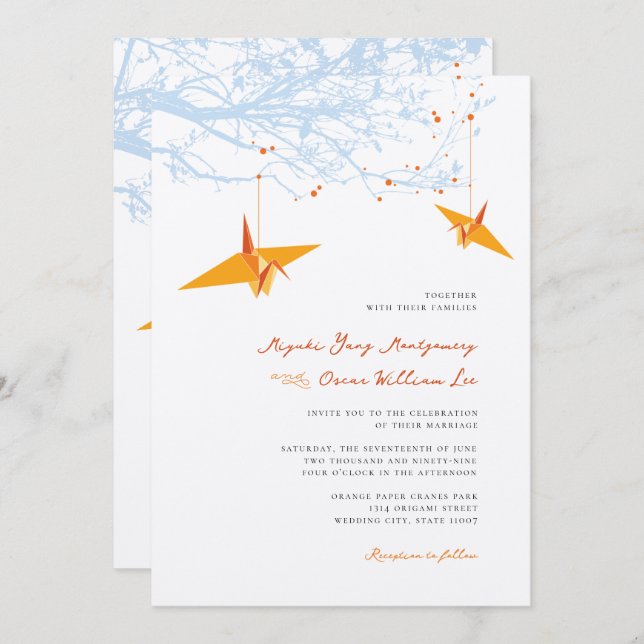 Convite Prendendo Orange Origami Cranes & Love Cote Casame (Frente/Verso)