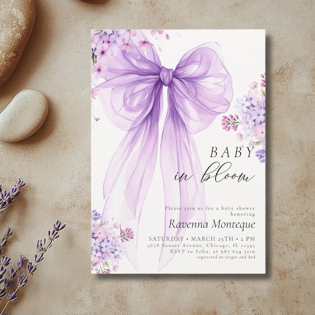 Convite Preppy Baby em Flor de Bow Roxo Chás de Bebê (Criador carregado)