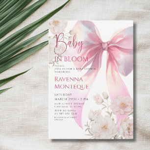 Convite Preppy Baby em Flor Rosa Laço Peônia Festa de Bebê