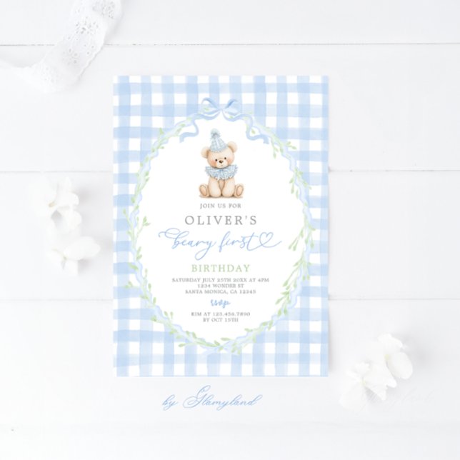 Convite Preppy Beary First Birthday Invitation (Criador carregado)