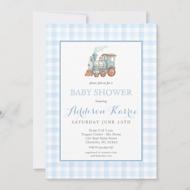 Convite Preppy Blue Gingham Choo Choo Train Baby Shower (Frente)