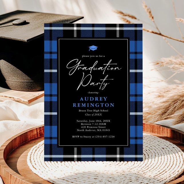 Convite Preppy Blue Tartan Graduation (Criador carregado)