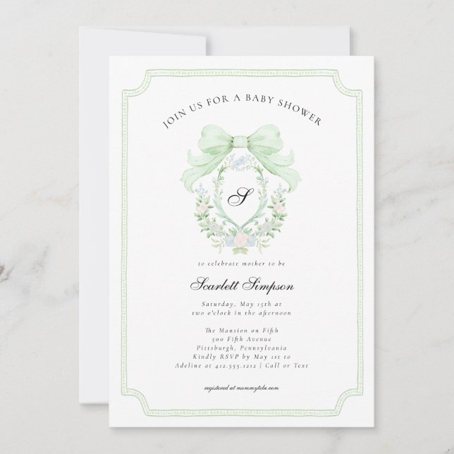 Convite Preppy Botanical Green Bow Monogram Baby Shower   (Frente)