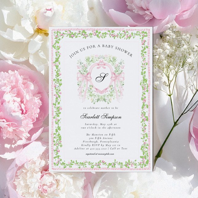 Convite Preppy Botanical Pink Bow Monogram Baby Shower   (Botanical Crest Monogram Pink Bow Preppy Girl Baby Shower Invitation
)