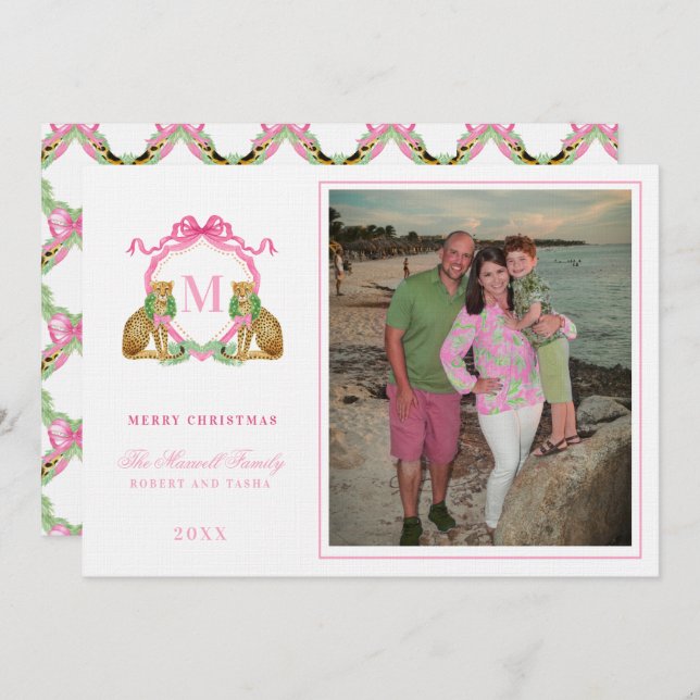 Convite Preppy Christmas Leopard Crest Monogram  (Frente/Verso)