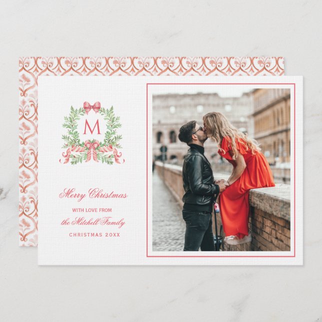 Convite Preppy Christmas Leopard Crest Monogram  (Frente/Verso)