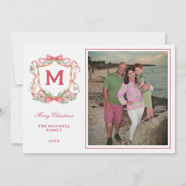 Convite Preppy Christmas Mahjong | Monogram  Photo Card (Frente)